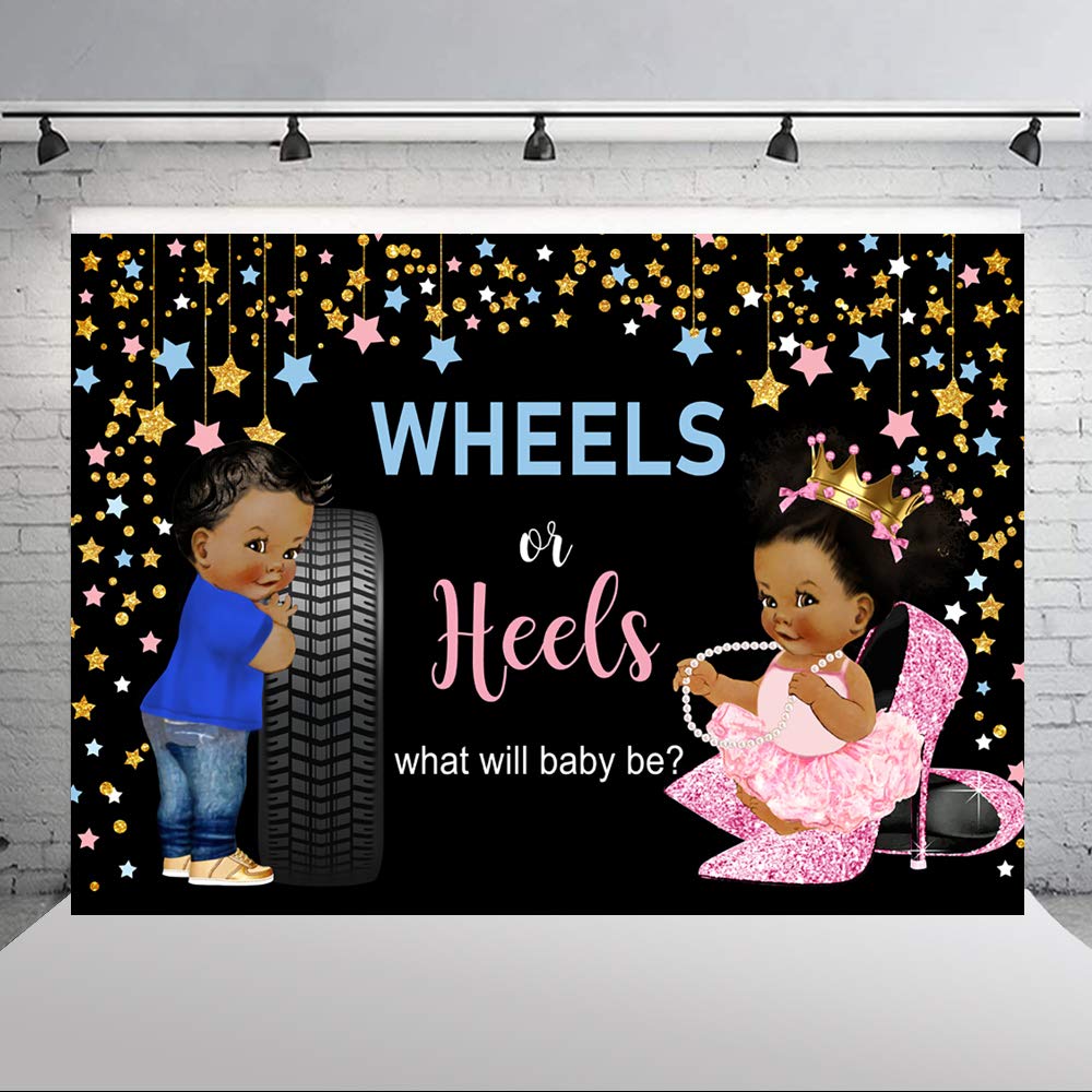 7×5ft Wheels or Heels Gender Reveal Baby Shower Backdrop Blue Car or