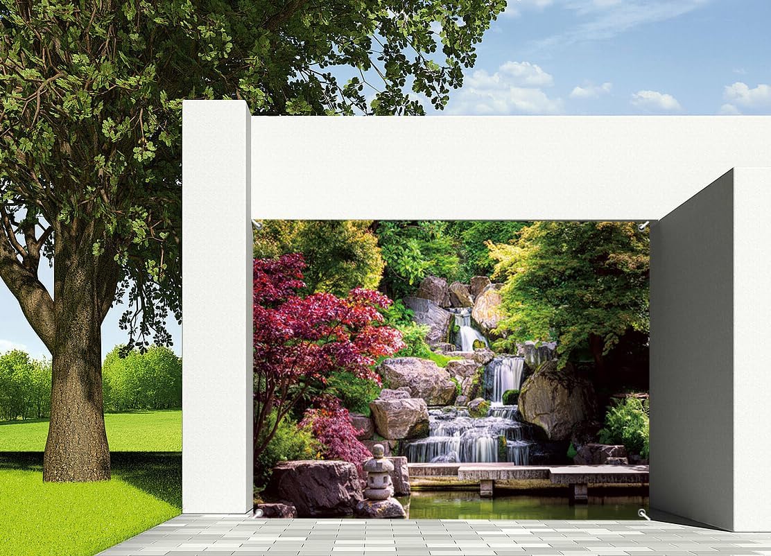 7x8ft Mountain Nature Scene Garage Door Decor Waterfalls Slate Bridge Lush Forest Red Maple Tree Spring Theme Garage Door Cover