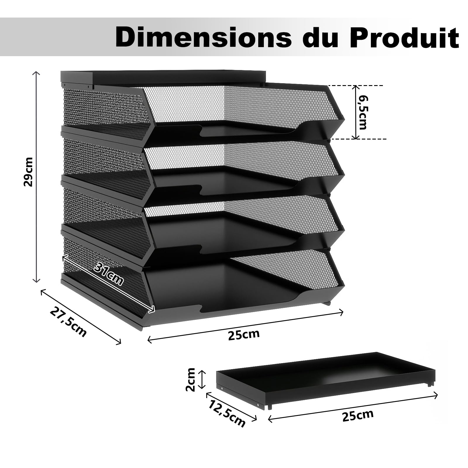 PUNCIA Corbeilles à Courrier 4 Niveaux avec Porte-Étiquette Métallique | Organiseur de Bureau Empilable Trieur A4 pour Bureau Rangement de Documents Courriers et Factures Design Gain de Place Noir