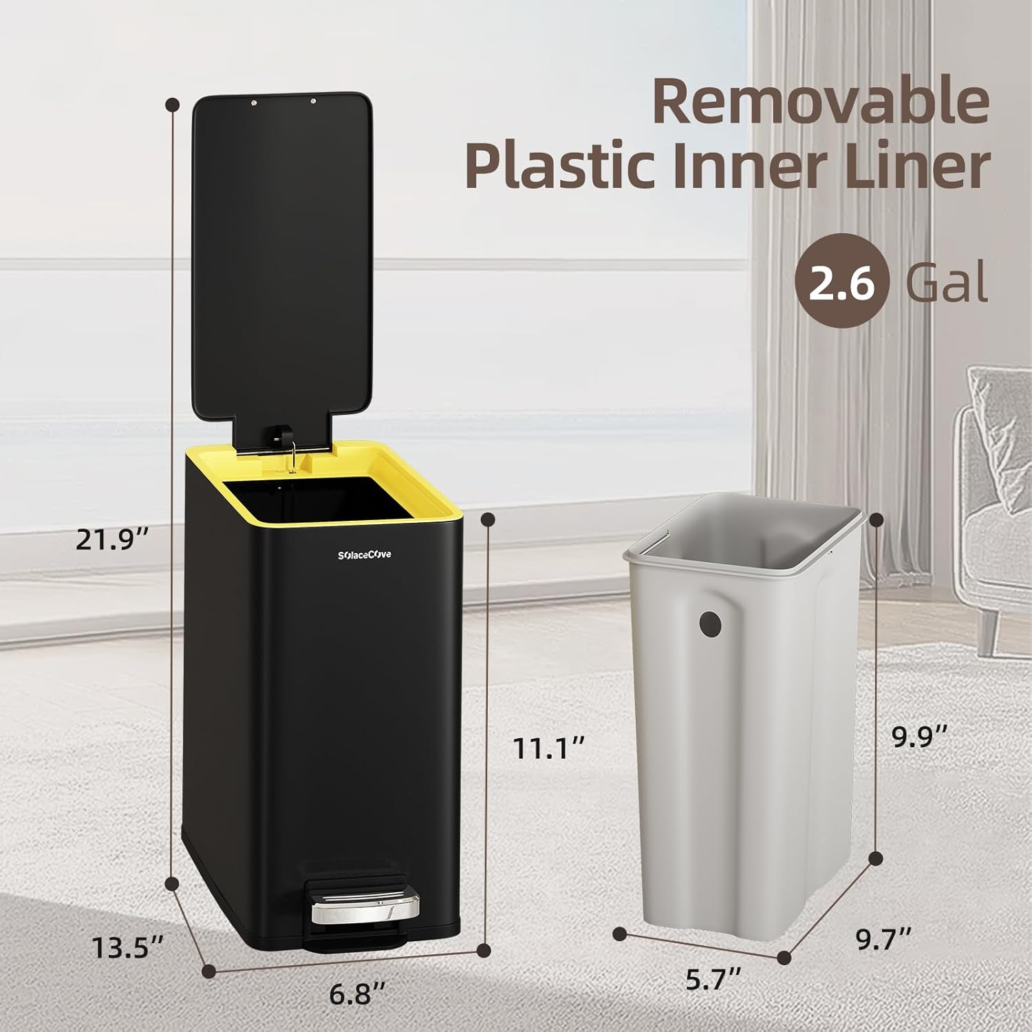 Bathroom Trash Can with Lid,2.6Gal Stainless Steel Office Trash Can,Small Garbage Can with Removable Inner Bucket for Kitchen,Office,Bedroom(Black)