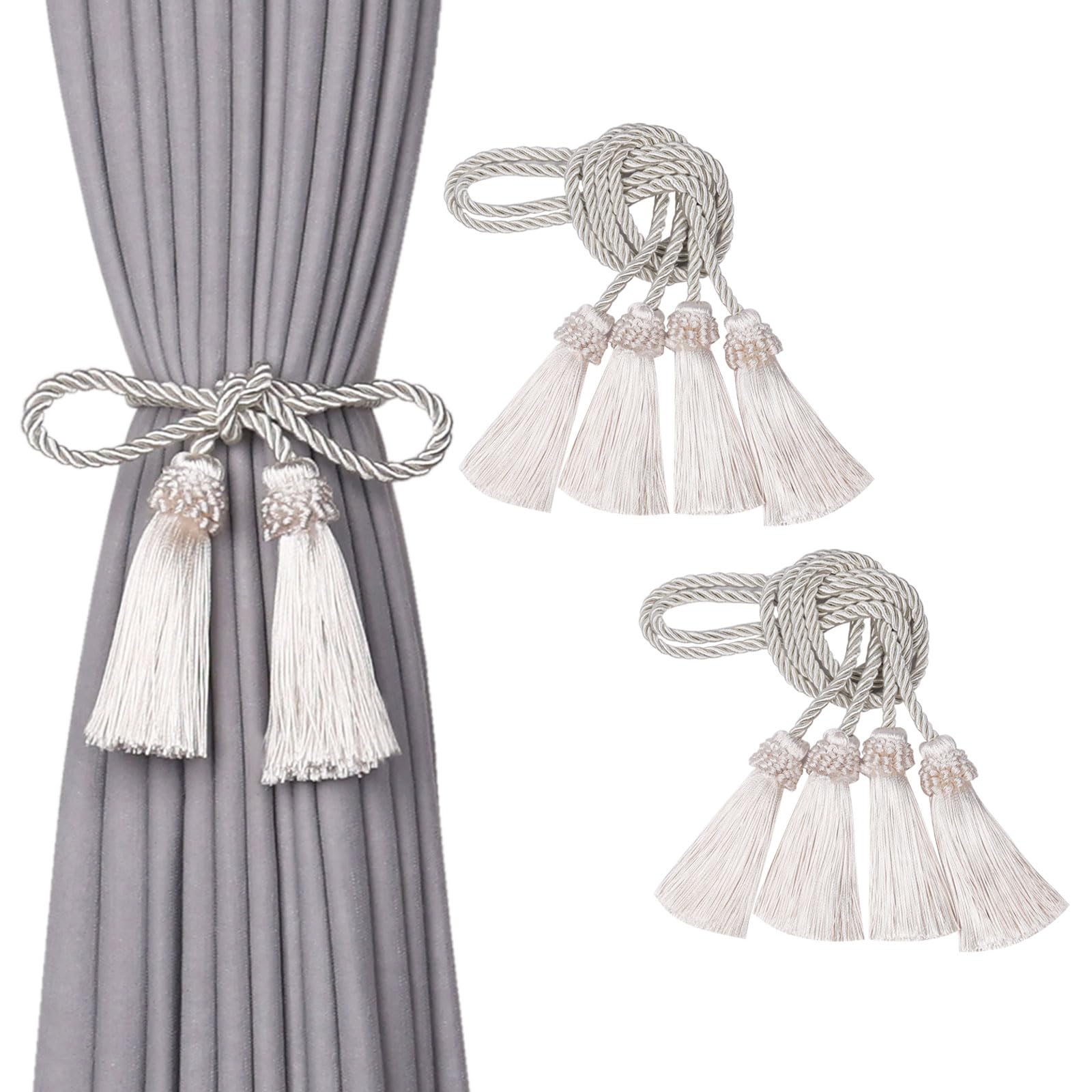Pretty Jolly 4 Pack Double-Ended Tassel Curtain Tiebacks European Style Decorative Drape Tie Backs Elegant Handmade Braided Rope Knot Curtain Holdbacks for Home & Office Window Drapery (Beige)