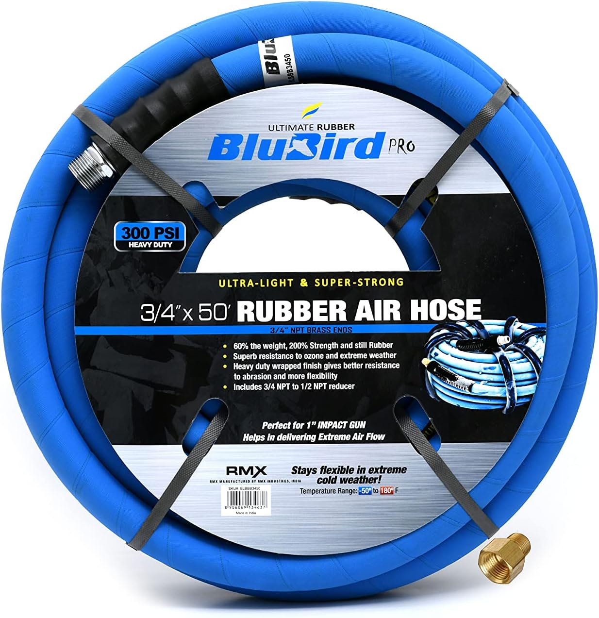 BLUBIRD BB3450 3/4" x 50' Rubber Air Hose, 100% Rubber, Lightest, Strongest, Most Flexible, 300 PSI, 50F to 190F Degrees, Ozone Resistant, High Strength Polyester Braided