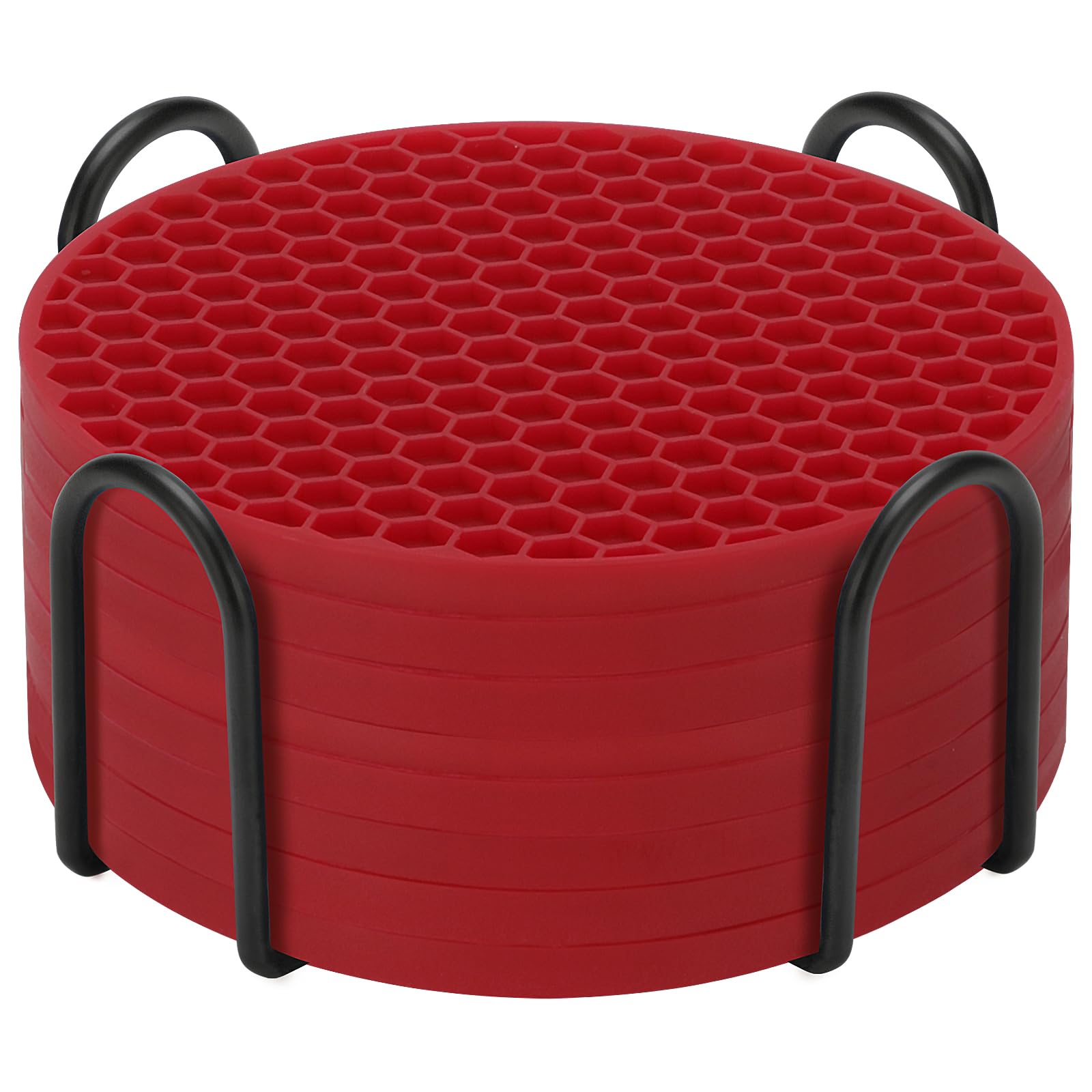 Silicone Coaster Set of 8 with Holder, Drinks Coasters, Beer & Coffee, Hot or Cold, Anti-Slip, Non-Stick, Anti-Overflow Tabletop Protection and Decor (8 Pcs, Wine Red)