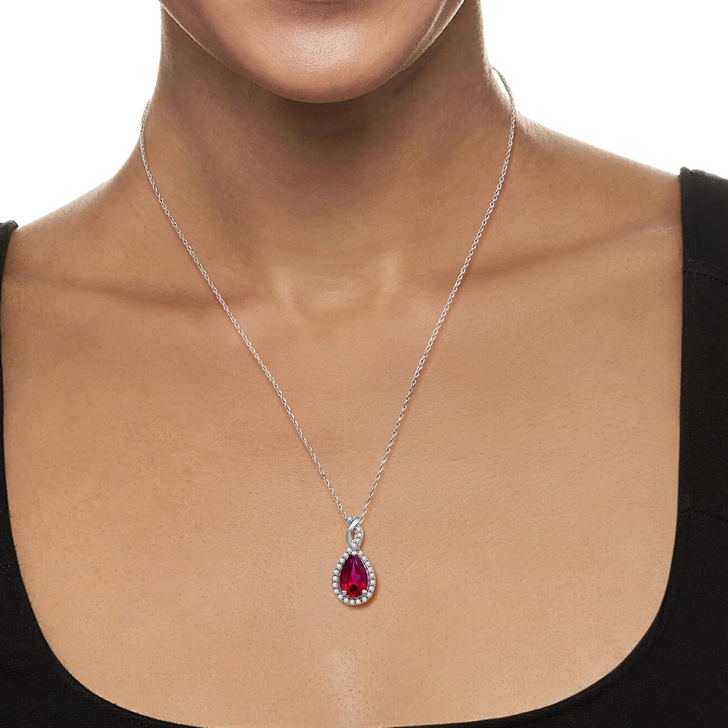 Jewelili Sterling Silver Twisted Pendant Necklace for Women | 8X5 MM Pear Shape Created Ruby & White Sapphire Gemstones | 18" Rope Chain | Luxury Jewelry | Gift Box Included