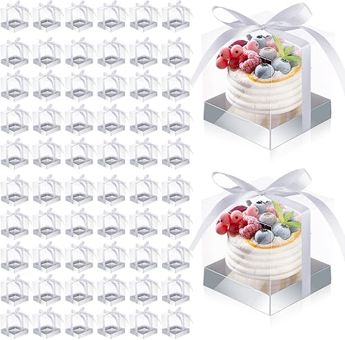 Eaasty 100 cajas individuales transparentes para cupcakes de 3.5 pulgadas, contenedores de plástico plateado para cupcakes, portador de galletas