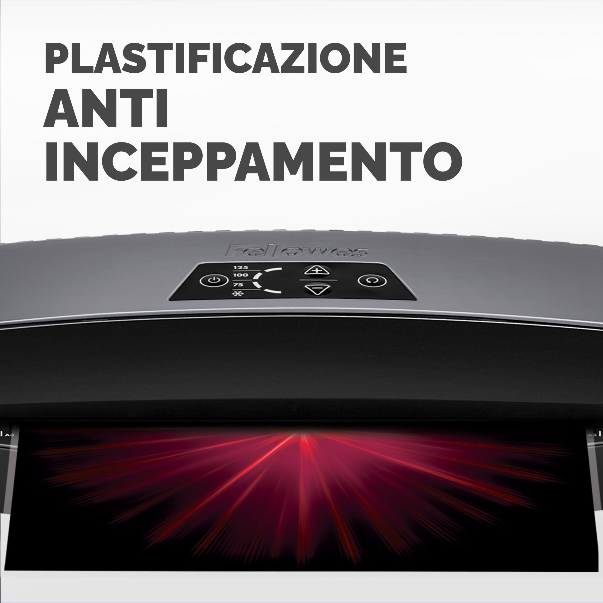 Fellowes Plastificatrice A4 Calibre per piccoli uffici, Pronta in 1 minuto con Spegnimento e modalità Riposo, 80-125 Micron, Kit con 10 fogli A4 per plastificazione incluso, Nero