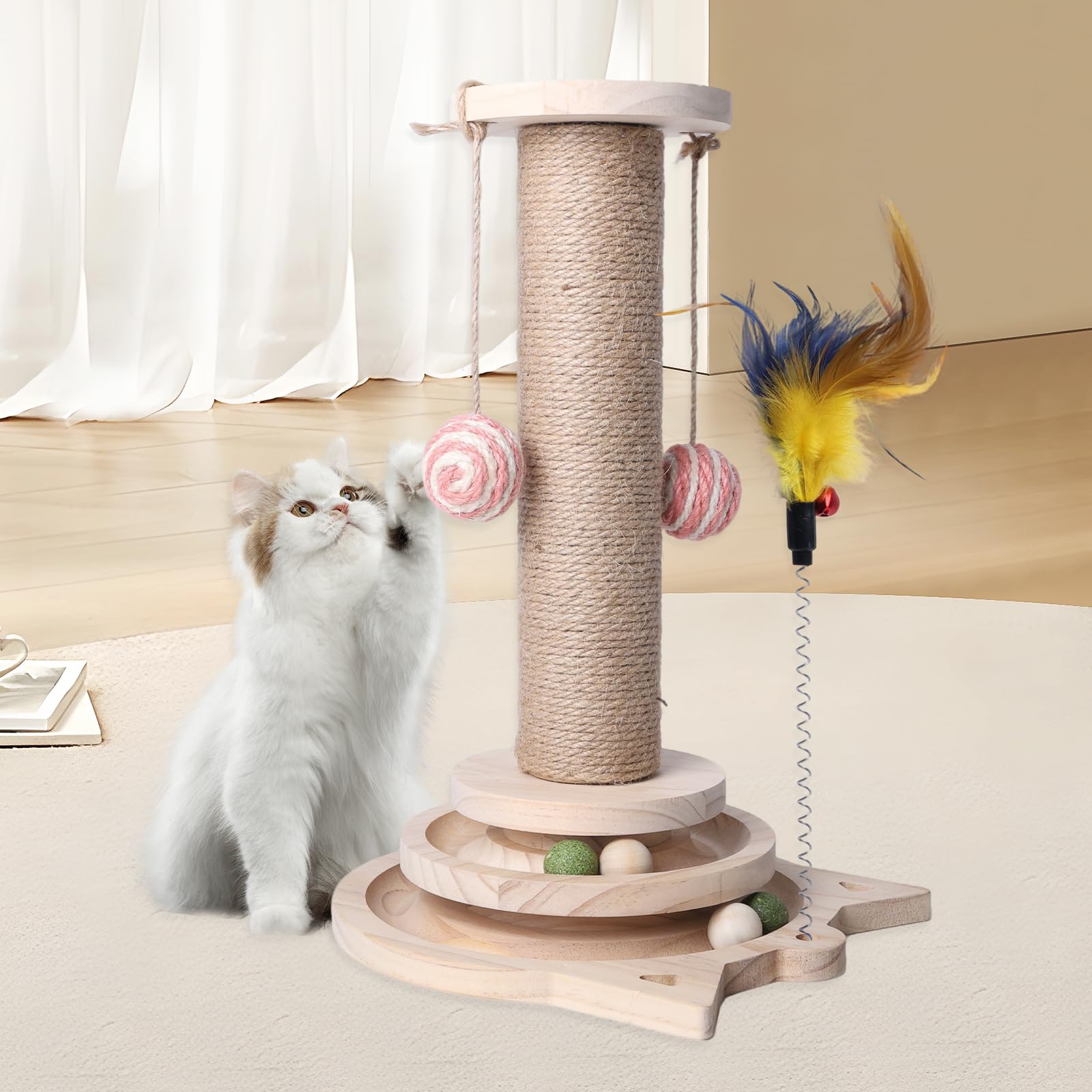 4 in 1 Interaktives Katzenspielzeug Selbstbeschäftigung, Katzenspielzeug Holz Sisalseil Kratzbaum mit Hängenden Kugeln, Intelligenz Katzen Spielzeug, Spielzeug Katze Intelligenz mit Frühling