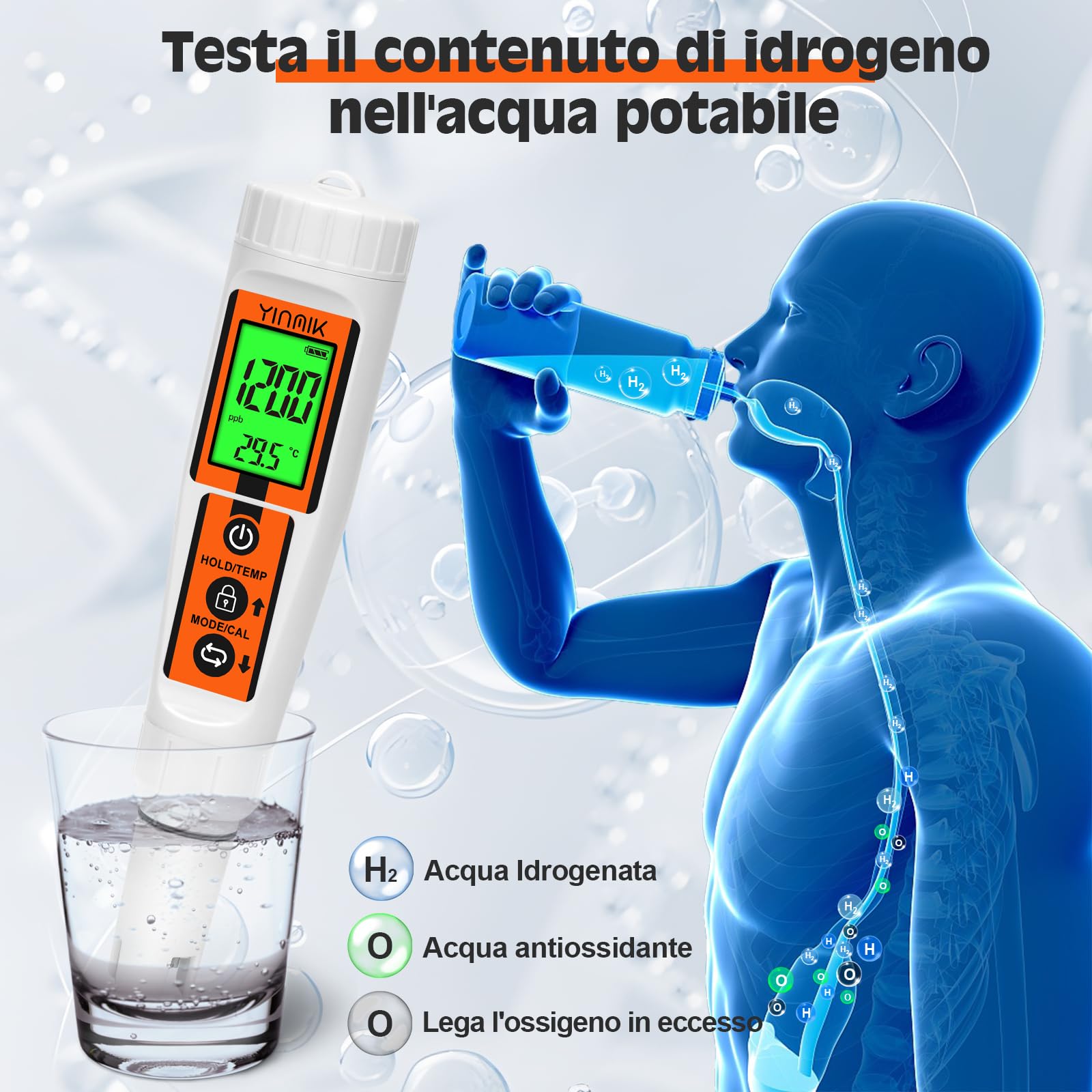 Tester per acqua idrogeno, misuratore H2 ORP pH Temp 4 in 1, misuratore idrogeno in acqua ppb/ppm, penna di prova per idrogeno disciolto per bottiglia di acqua all'idrogeno, misuratore pH ORP accurato