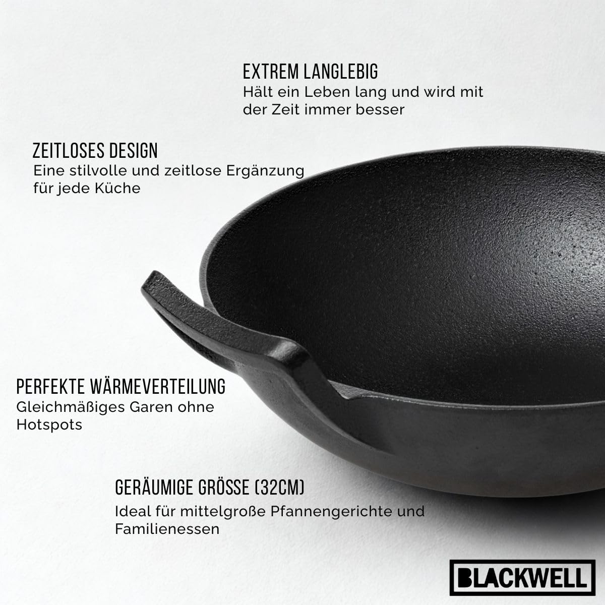 Blackwell Pfannenset aus Gusseisen – Grillpfanne 23 x 23 cm, Bratpfanne Ø 25 cm & Wok Ø 32 cm – 3-teilig – geeignet für alle Herdarten