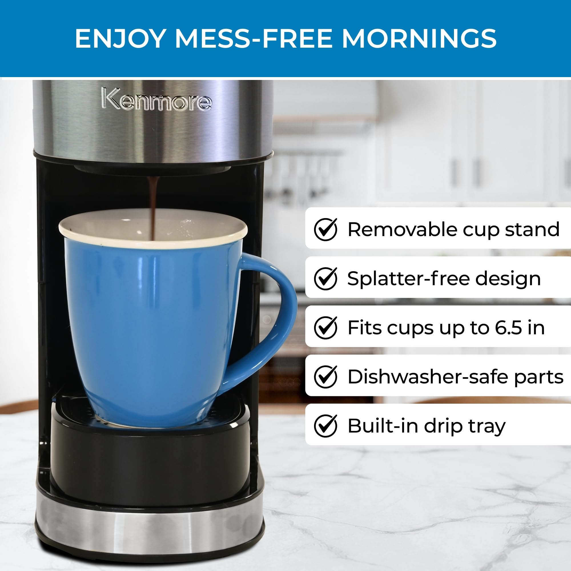 Koolatron Kenmore - Cafetera de una sola porción y taza de viaje de acero inoxidable, cápsula/cápsula y café molido, compatible con K Cup, máquina de café caliente y helado, tamaños de preparación de