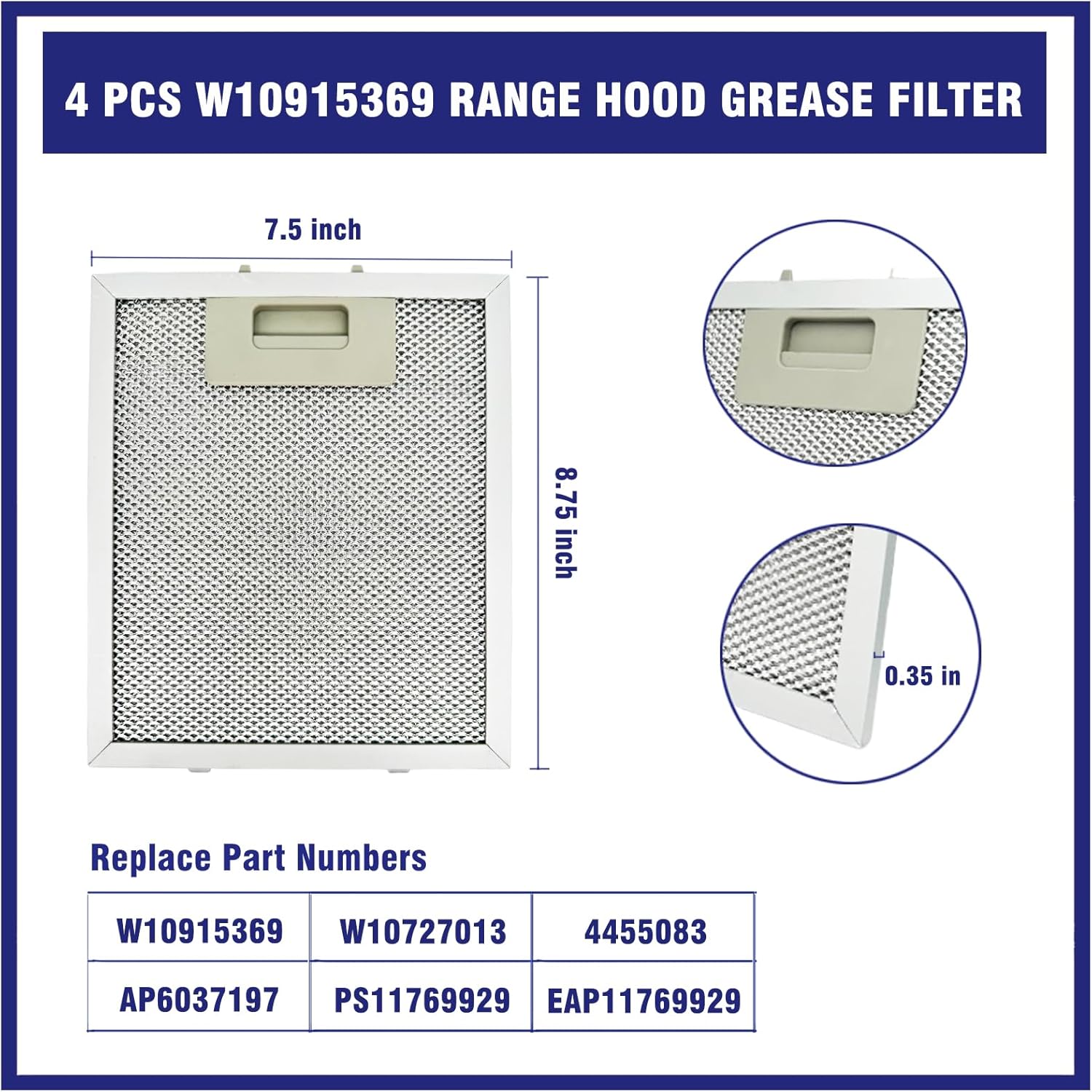 4 Pcs W10915369 Range Hood Grease Filter Replacement Compatible with Whirlpool, Jenn Air, Kitchen Aid, Aluminum Mesh Grease Vent Filter 8.75" x 7.5", Replace W10727013 4455083 AP6037197 PS11769929