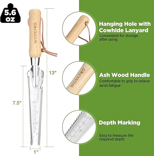 Miniatura 3 de WORKPRO Extractor de desmalezadora manual, paleta de jardín de acero inoxidable 5 en 1 con mango de madera, herramienta de deshierbe de jardinería