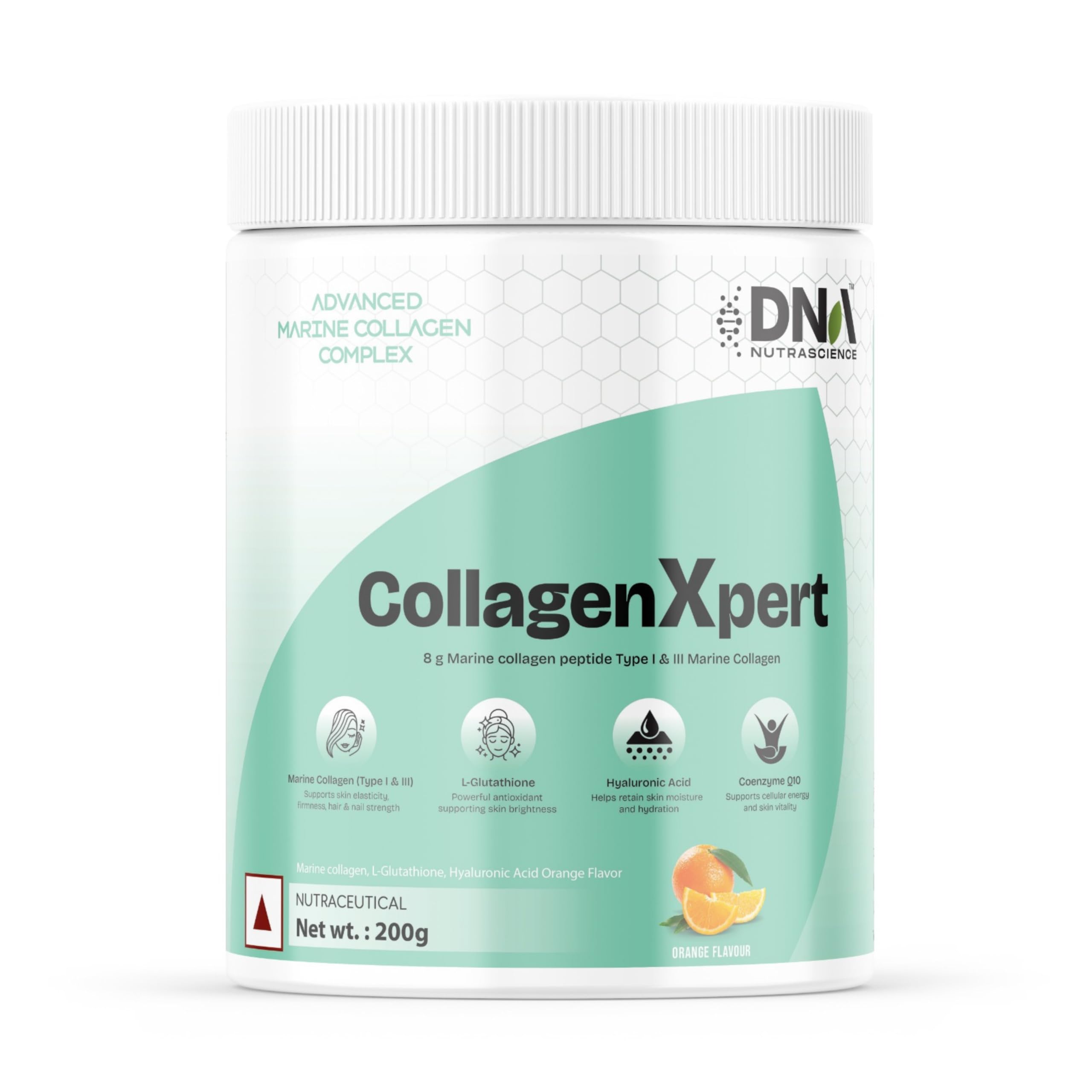 CollagenXpert Marine Collagen Powder with L-Glutathione, Hyaluronic Acid, CoQ10, Vitamins C & B3, Orange, 200 g (20 Servings)-image-22