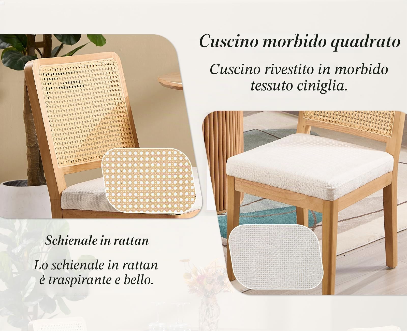 chairus Set di 2 Sedie da Pranzo in Tessuto Sedia in Legno, Bianco