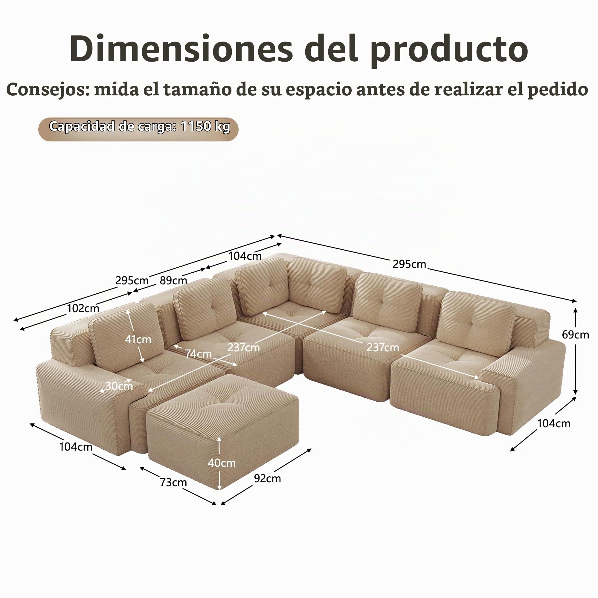 Gran sofá de esquina convertible, sofá modular de 295 cm, 6 plazas con puf, sofá de esquina en U, sofá cómodo de terciopelo de aspecto nublado, combinaciones libres, no requiere montaje, beige