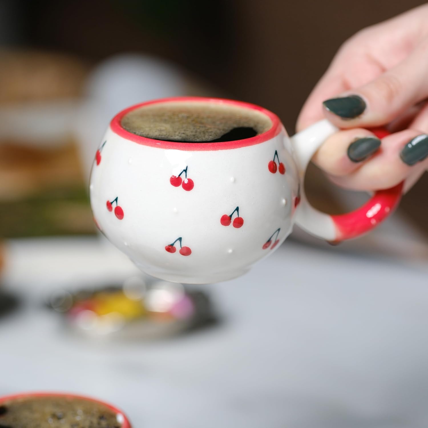 Ceramic Espresso Cups Cherry Patterned | Demitasse Coffee Mug Set of 2 | Cute Small Tea Cups | 5.5 oz | Cappuccino Cortado Cups - Image 4