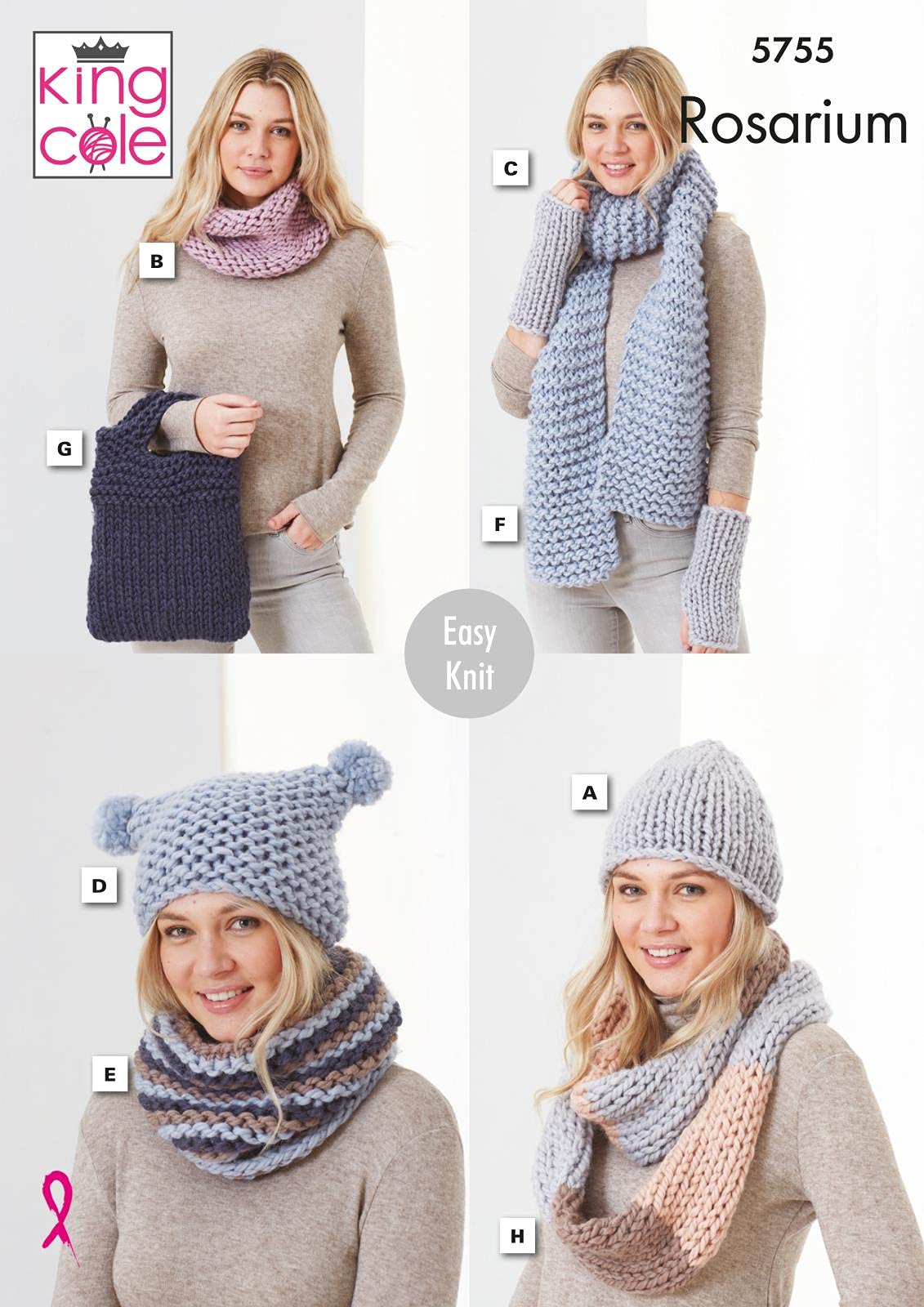 King Cole Rosarium Knitting Pattern Hats Snoods Wristwarmers Scarf Bag 5755