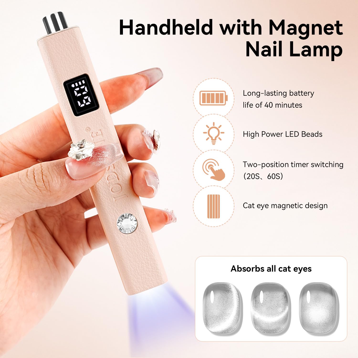 JODSONE Handheld U V Lamp Mini with Magnet Nail Dryer Portable Cordless Rechargeable USB for Curing Gel Polish Absorb Cat Eye Effect Pink - Image 2