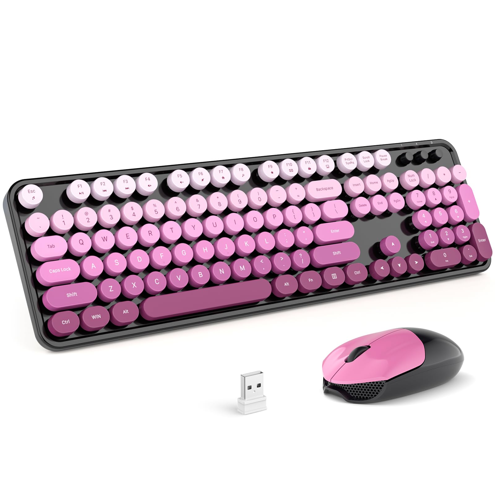 MOFII Wireless Keyboard and Mouse Combo, Full Size 2.4G Plug and Play Typewriter Retro Round Computer Keyboard and Mouse Set for Windows, Computer, Desktop, PC, Notebook - (Black Pink Gradient)