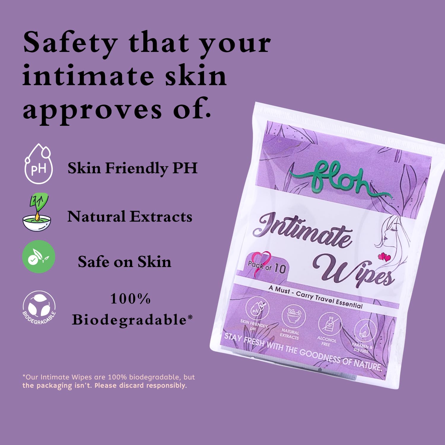 Floh Natural Women's Intimate Wipes | 100% Biodegradable, Sodium Hyaluronate, Sulphate Free Ladies Soft Wipes | Skin Friendly, pH Balanced Tea Tree Essential Oil Fragrance- (10 Count (Pack of 1), Lavender) 2