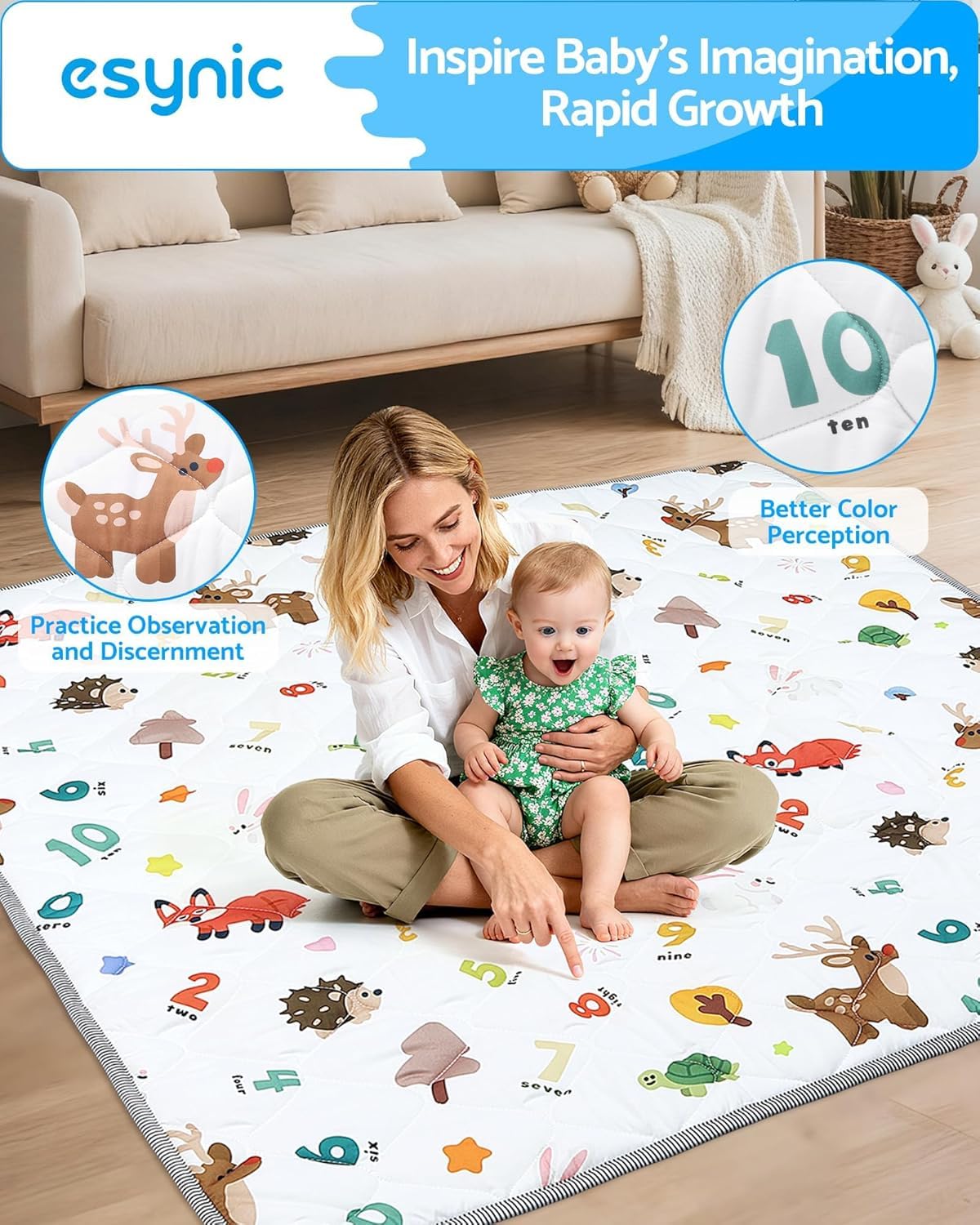 eSynic Foldable Baby Play Mat 150×150cm Sichere Krabbelmatte Rutschfeste Krabbelmatte für Babys 6-12 Monate & Kleinkinder Waschbar & Tragbar Spielmatte mit Tier-& Zahlenmotiven Indoor & Outdoor