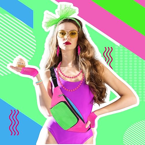 Miniatura 4 de Handepo Juego de 19 accesorios de disfraz de los años 80, diseño retro de los años 80, riñonera de neón de los años 80, banda para el pelo, guantes