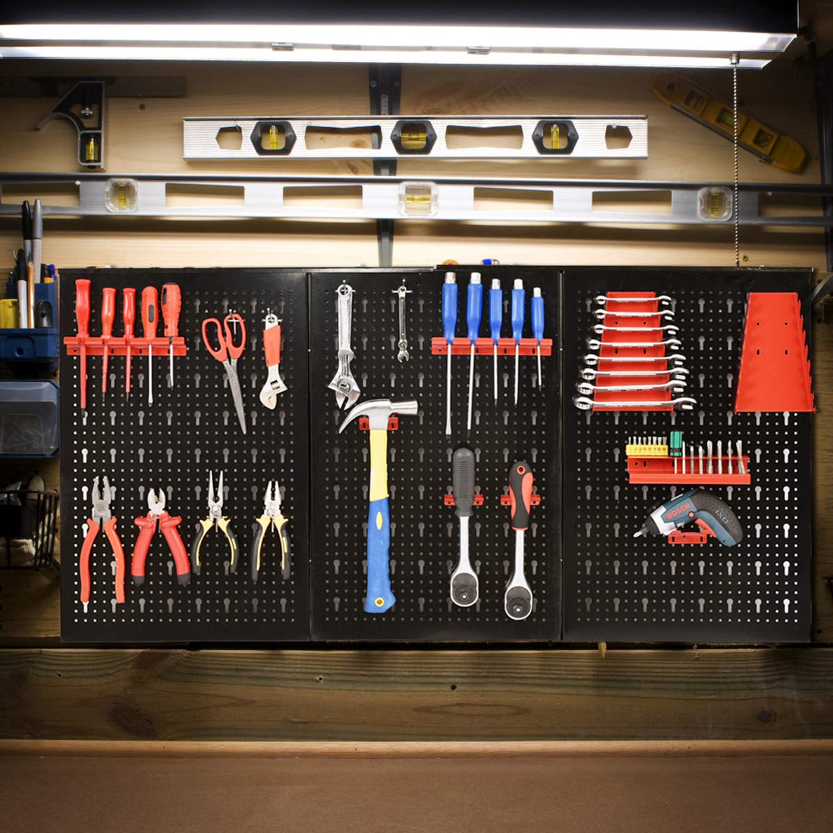 GOPLUS Organizador de Herramientas de Pared, Estante de Almacenamiento de Metal con 3 Paneles Perforados y 17 Accesorios, Soportes para Herramientas para Bricolaje Taller Garaje, 120 x 60 cm