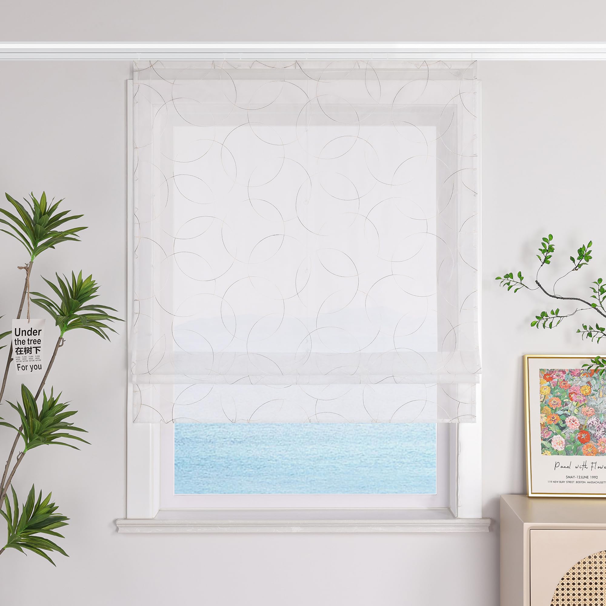 ESLIR Raffrollo Weiß Raffgardine mit Klettband Voile Gardinen Küche Transparent Bändchenrollo Modern mit Stickerei in Kreis-Muster Braun BxH 140x140cm 1 Stück