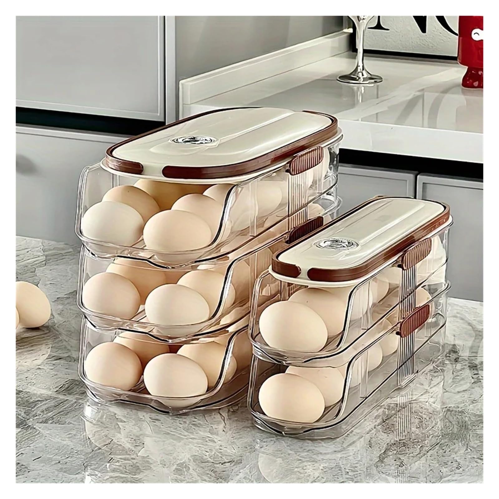 Boîte de rangement automatique pour œufs à roulettes - Grande capacité - Avec distributeur FIFO - Pour ustensiles de cuisine ménagers et économiseur d'espace (3 couches)
