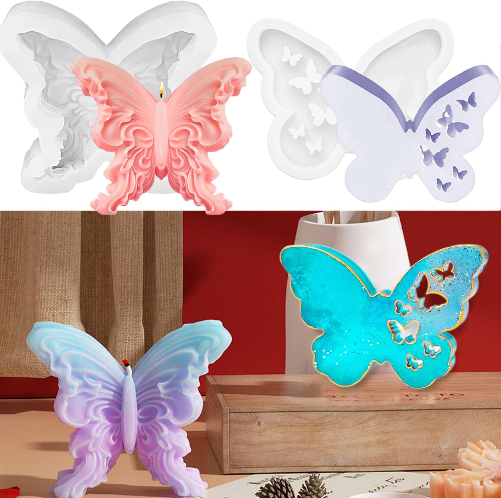 Pack of 2 Butterfly Plaster Mould for Casting, Easter Silicone Moulds, 3D Silicone Moulds, Butterfly, 10 x 8.7 cm, Butterfly Shape Silicone, DIY of Candles, Aroma Stones, Soy Wax Candles, Plaster