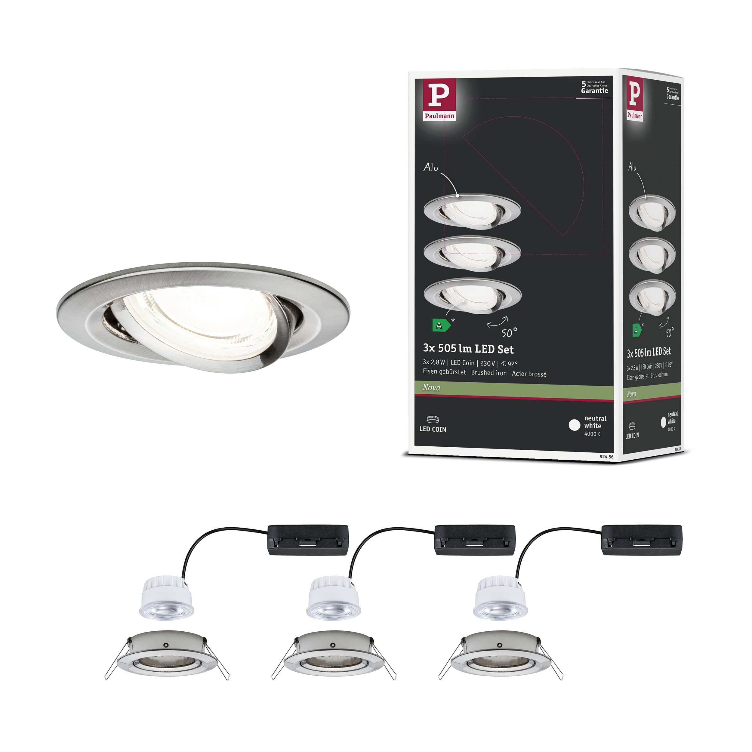 Paulmann 92456 LED Recessed luminaire Nova Coin Round 84mm 50° 3x2,8W 3x505lm 230V 4000K Brushed Iron
