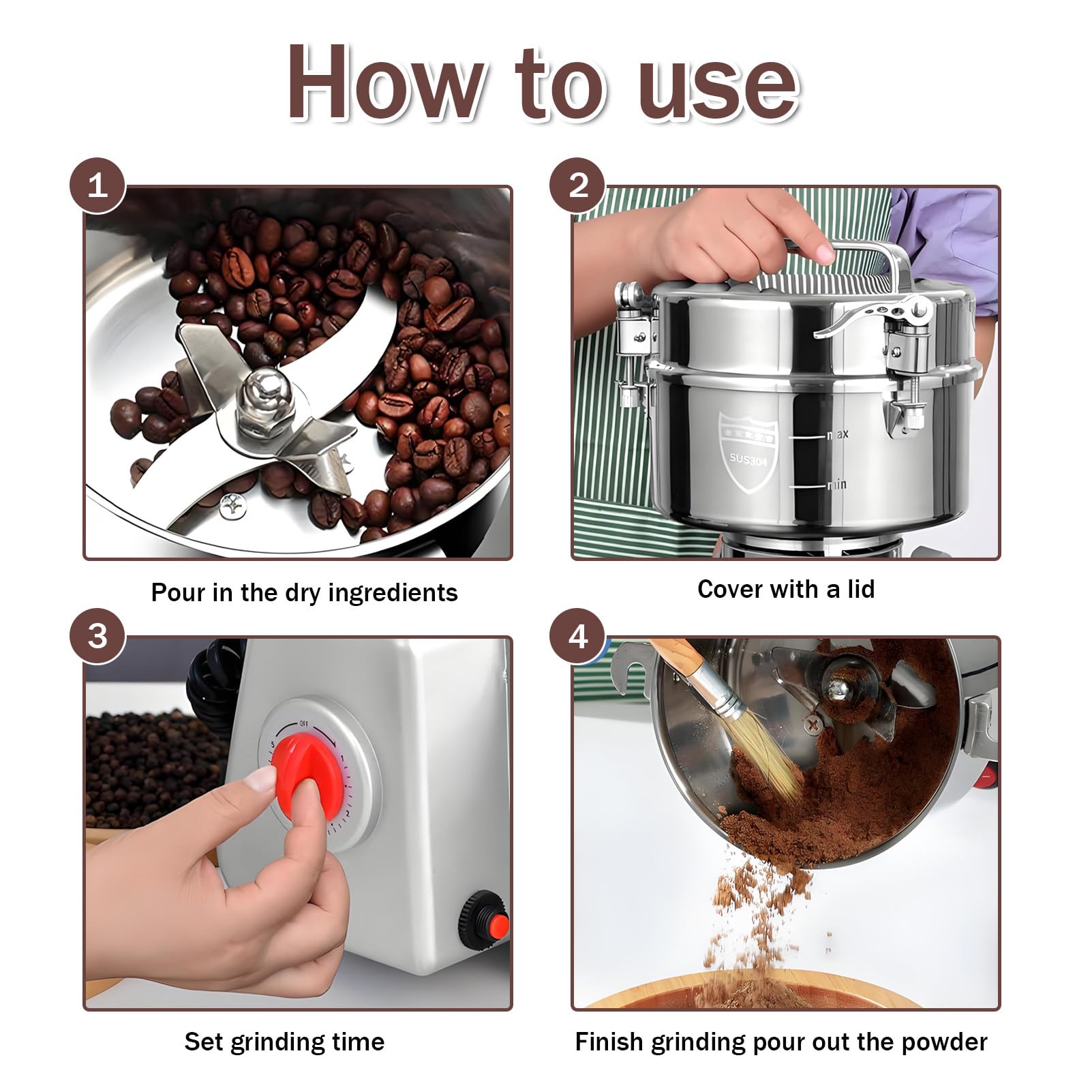 Polverizzatore per spezie ed Erbe aromatiche, Macchina per Polvere Commerciale Realizzata in Acciaio Inossidabile di Alta qualità per caffè, spezie, Noci ed Erbe aromatiche 800G