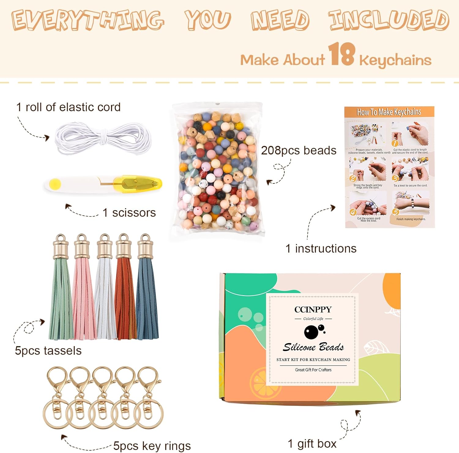 CCINPPY 220pcs Silicone Beads, Multicolor 15mm Silicone Beads for Jewelry Keychain Making, Bracelet Making Kit for Women