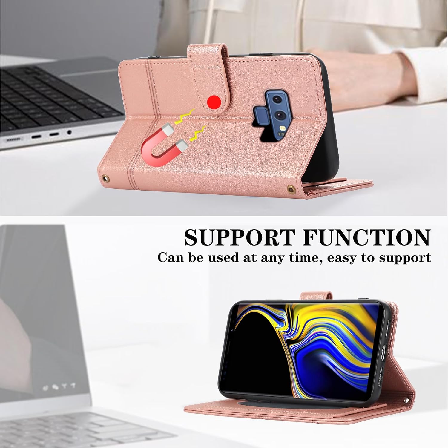 Compatible with Samsung Galaxy Note 9 Wallet Case Wrist Strap,Crossbody Strap, Mirror PU Leather Flip Credit Card Holder Stand Cell Phone Accessories Cover for Note9 Not S9 Women Men Rose Gold