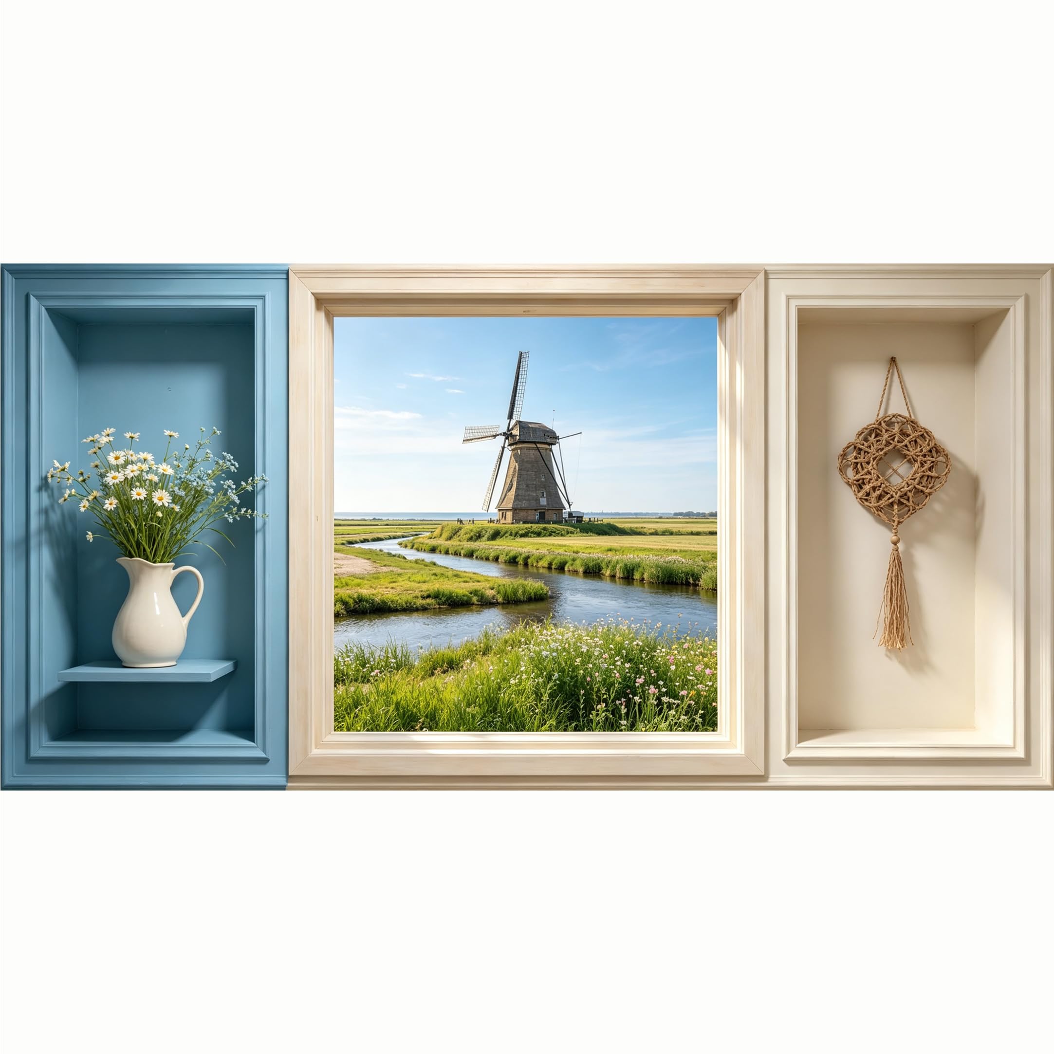 QZLITHOTIC 50x100cm 3D Framed Wall Art， Dutch Windmill Farmhouse Landscape Self‑Adhesive Mural， Water‑Activated Peel & Stick Fabric Decor Wall Decal for Bedroom Living Room