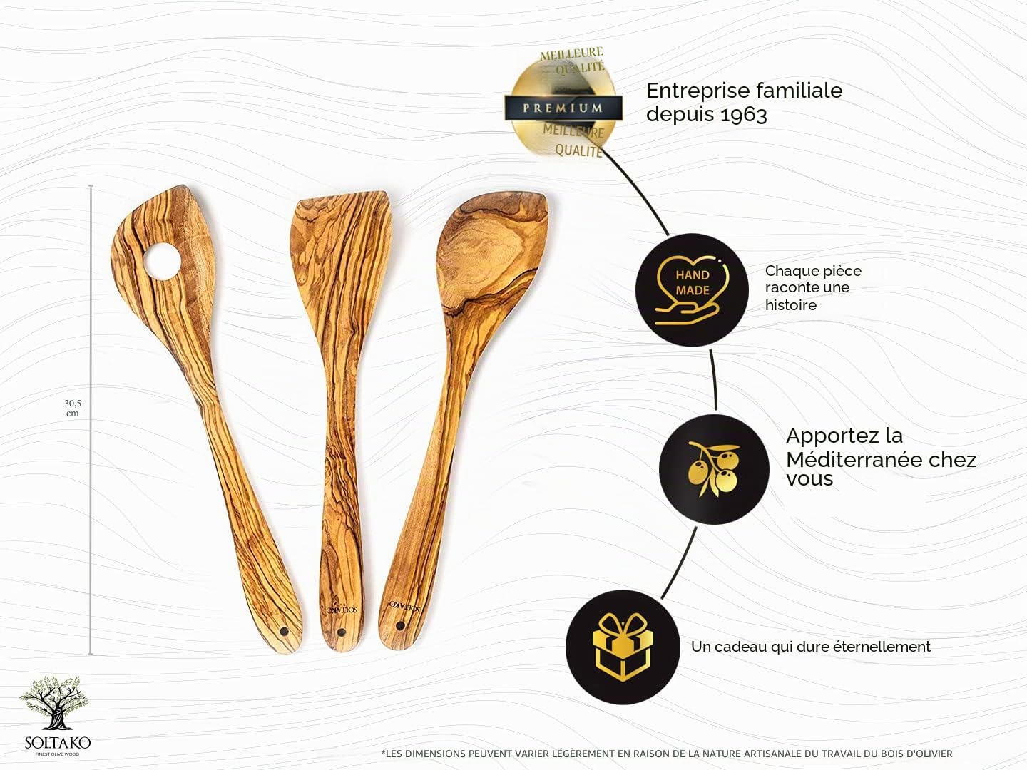 SOLTAKO Ustensiles de Cuisine - Cuillères, Spatules et Palettes - Cuillères de Cuisine en Bois d’Olivier Brut - Spatules, Couvert à Salade, Fourchette, Cuillère à Riz 30cm