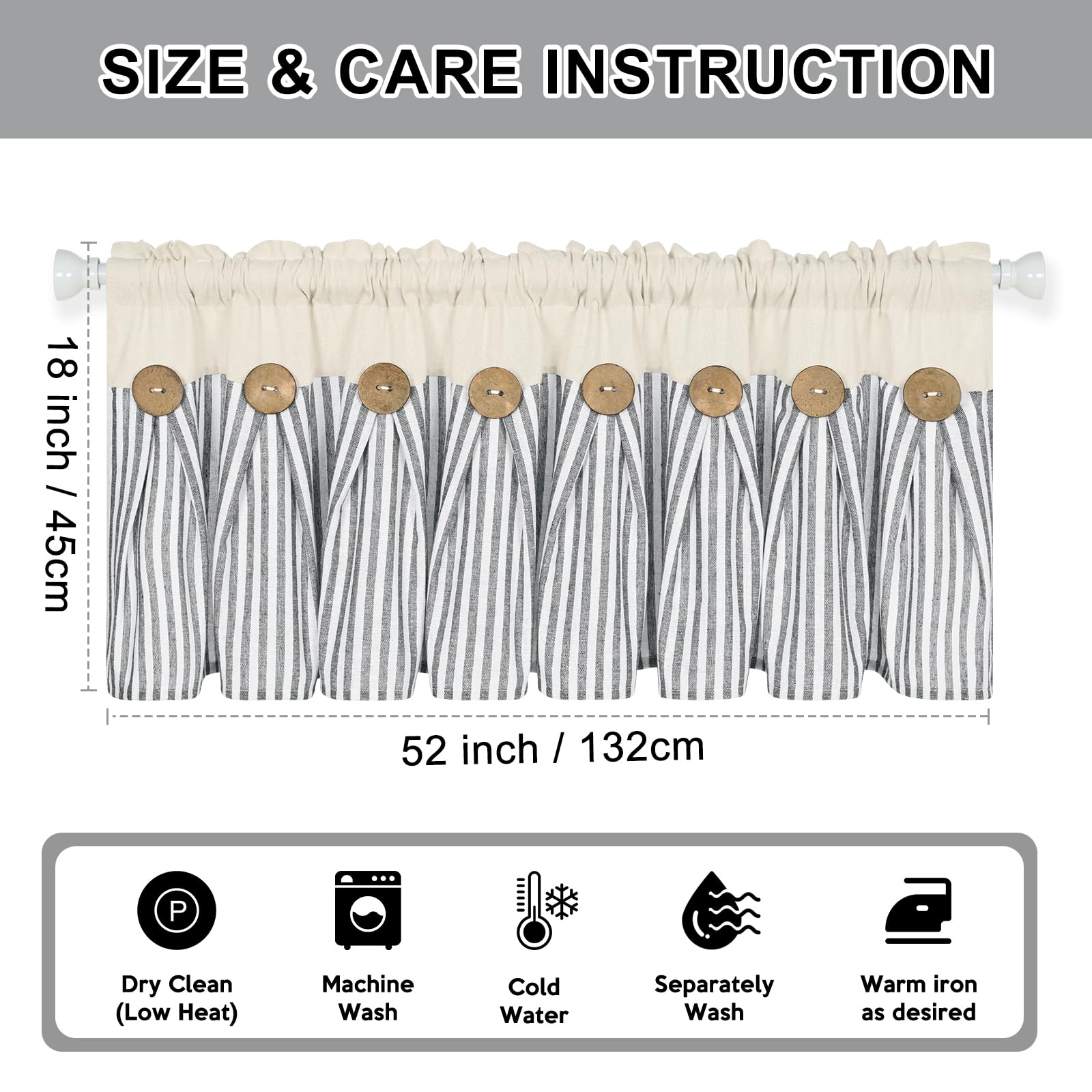 Rideaux de cantonnière en coton et lin de style rustique de style rustique avec passe-tringle pour café, salle de bain, chambre à coucher - Gris foncé et naturel
