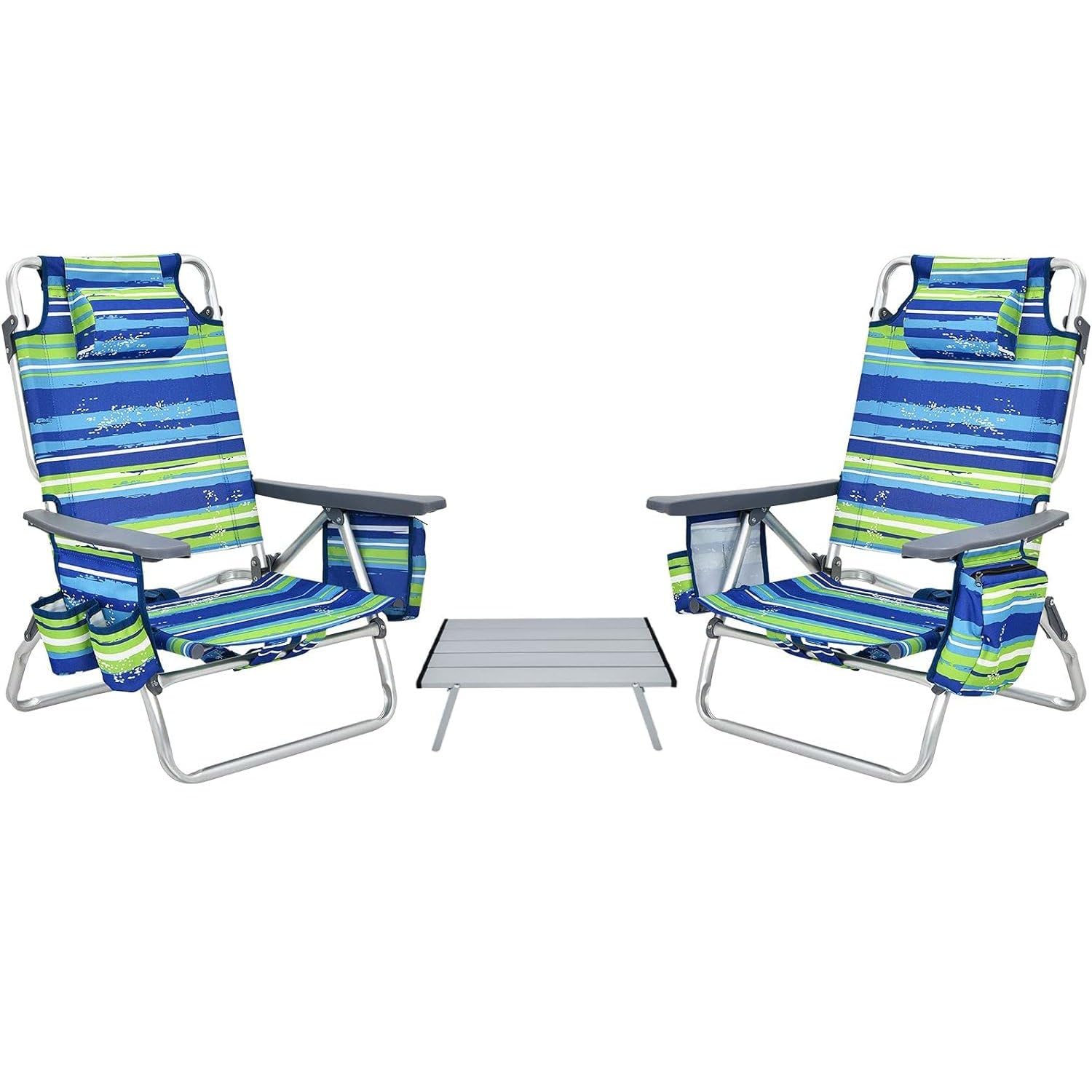 COSTWAY Backpack Beach Chairs Set, 3-Piece Portable Camping Chairs with Cup Holder, Ice Bag, 5-Position Outdoor Reclining Chairs for Adults, Travel, Sunbathing, Support 300 LBS,Blue & Green