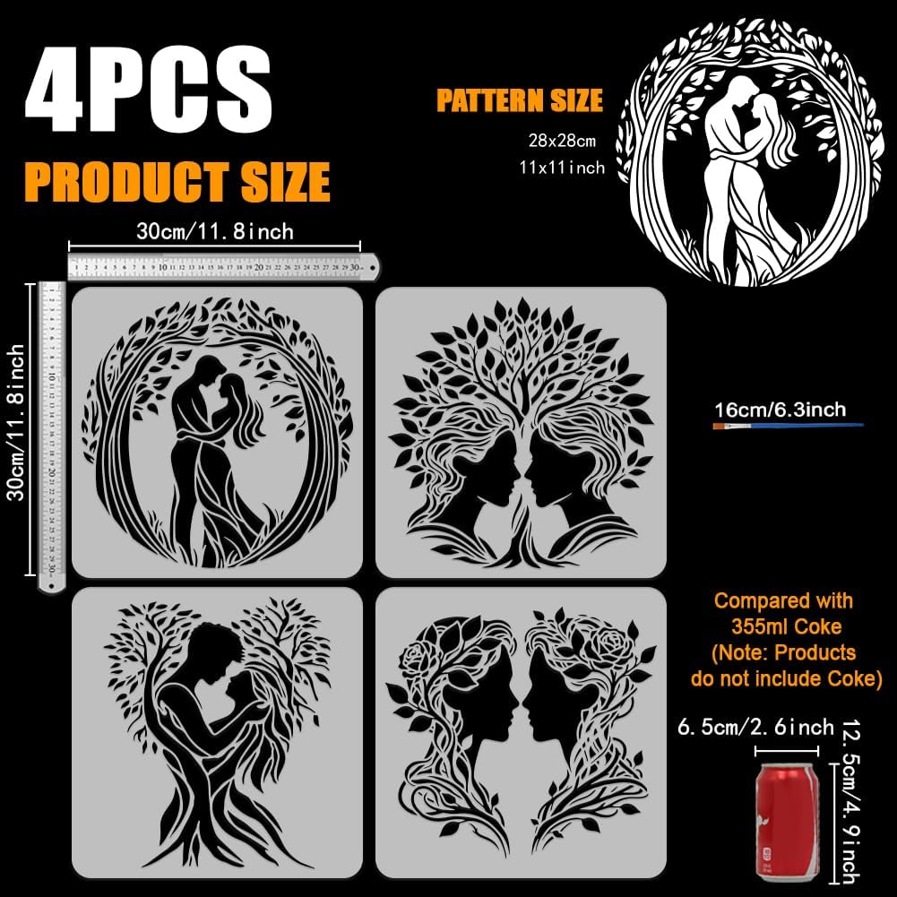 FINGERINSPIRE 4PCS Couple Stencils 11.8x11.8 Inch Lover Tree Painting Stencil Reusable Couple and Tree Templates with a Brush for Wedding Art DIY Canvas Painting Anniversary Home Wall Decor