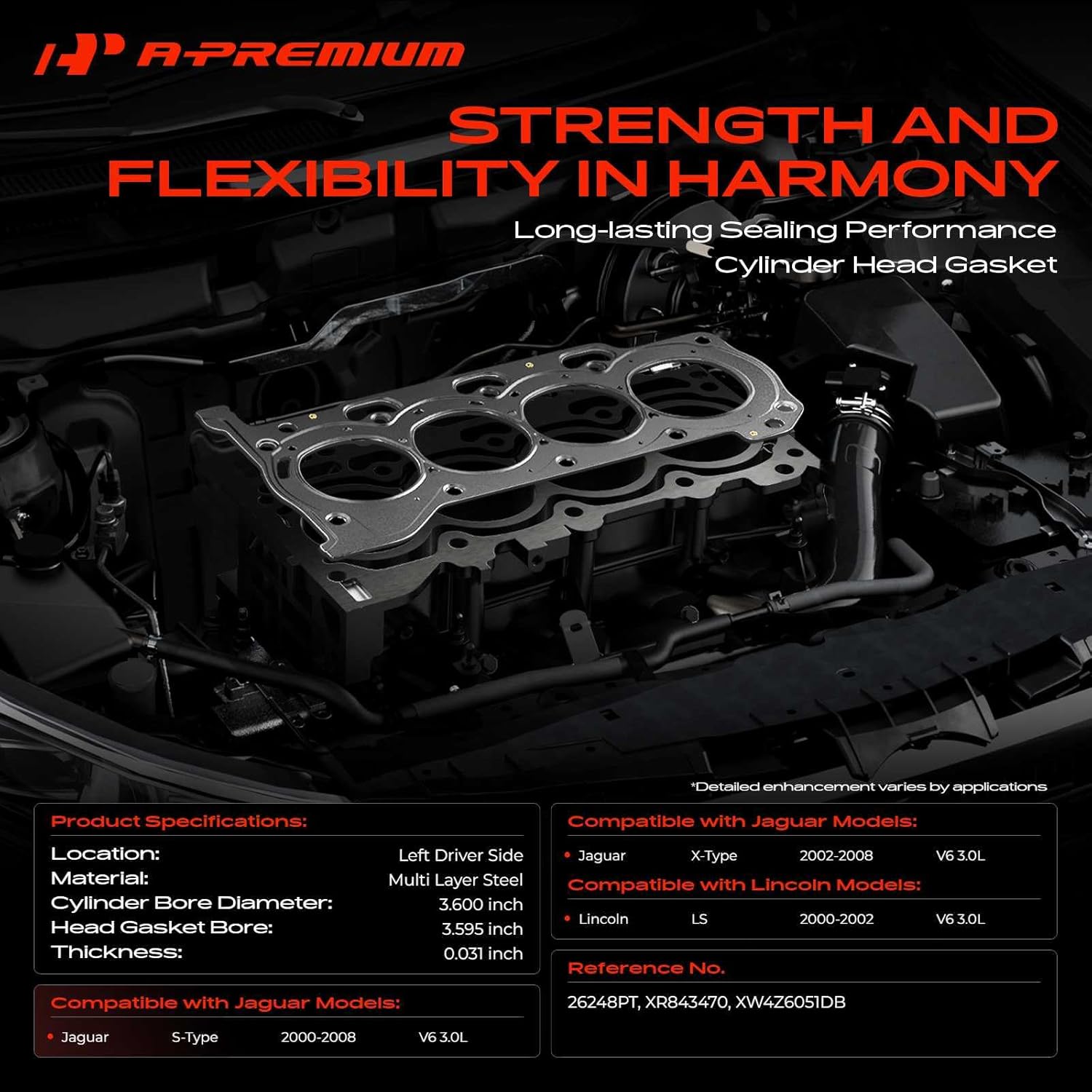 A-Premium V6 3.0L Left Engine Cylinder Head Gasket Compatible with Jaguar S-Type 2000-2008, X-Type 2002-2008 & Lincoln LS 2000-2002, Driver Side, Multi-Layer Steel