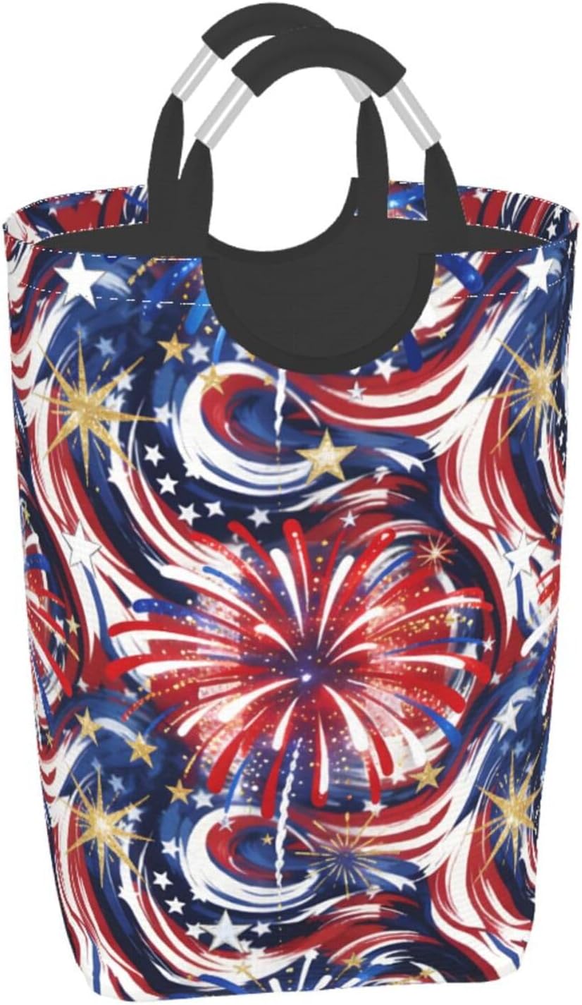 Swirling Stars & Stripes Foldable Dirty Laundry Bag, Waterproof Oxford Fabric With Pe Board Base, 50l Capacity For Home & Travel