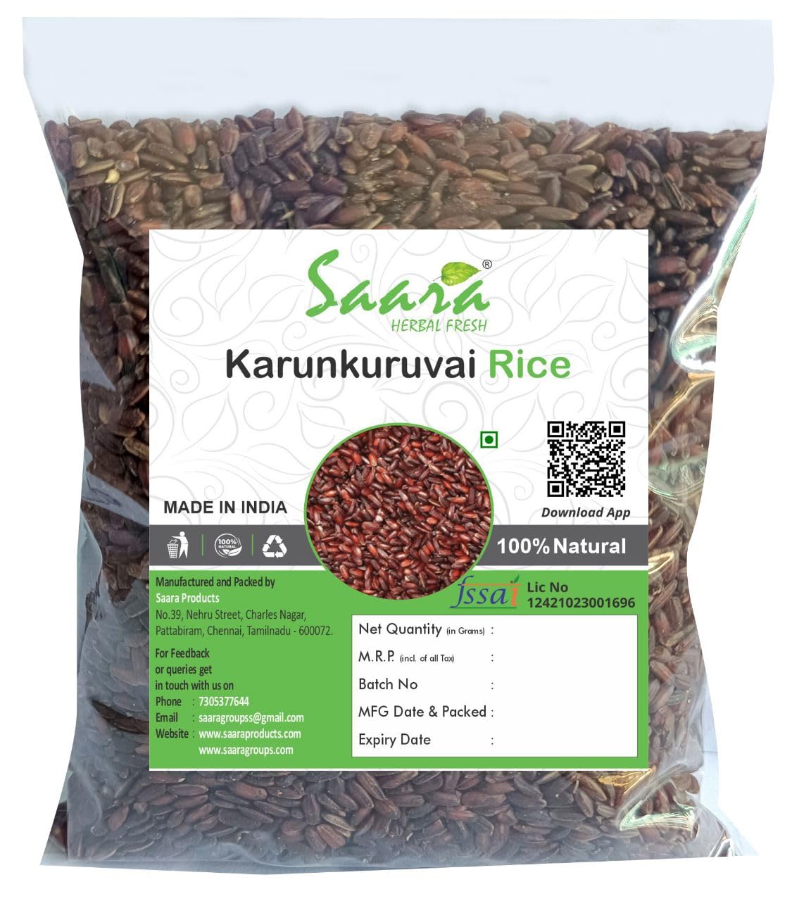 Saara HERBAL FRESH Karunkuruvai Rice, 3.950 Kg Karunguruvai, Traditional Red Rice, Handpounded Red Rice, 3.950 Kg