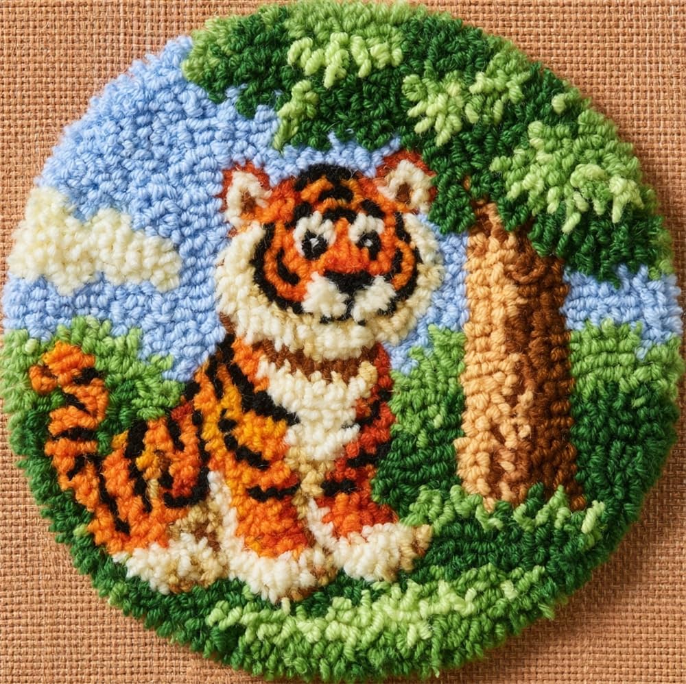 kitphoenix DIY Cushion Carpet Floor Mat Rug Tiger Under The Tree 20X20Inch (50X50Cm) Round Latch Hook Kits Sofa Seat Cover Hand Craft Cartoon Round Crocheting Baby Gift