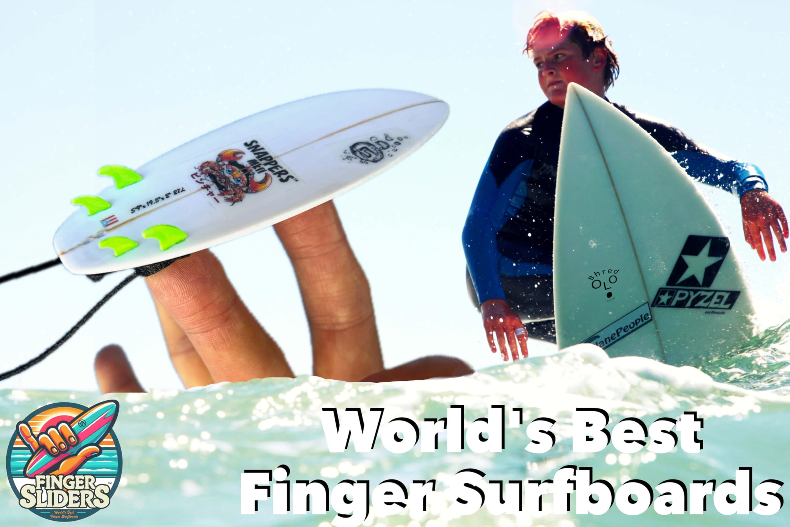 Finger Sliders Finger Surfboard – World's Best Mini Surfboard Quad & Tri-Fin Setup, Stomp Pad, Leash & Sticky Tacky Grip – Ultimate Desk Surfing Finger Board Fidget & Surf Gift - Snappers MKII (15+)