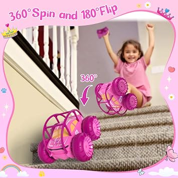 MaxTronic Direct Charging Remote Control Car for Girls, Amphibious RC Cars Toy 2.4G 360° Flips Rotation 15KM/H 4WD All Terrain Stunt Car with Ajustable LED for Kids 3-12 Years Old,Pink