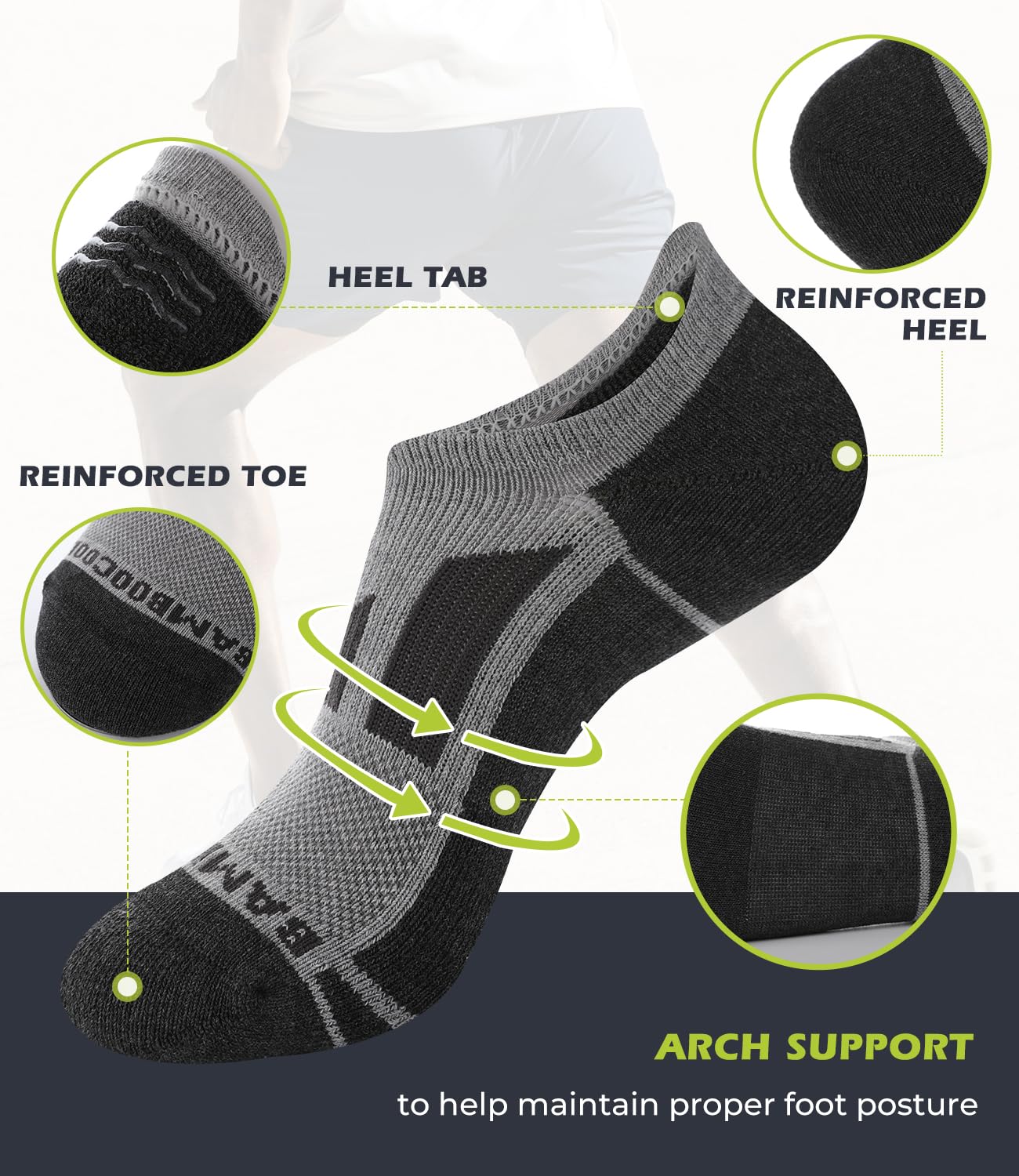BAMBOO COOL Unsichtbare Herren-Socken, niedrig geschnitten, atmungsaktiv, feuchtigkeitsableitend, rutschfest, für Laufen, Workout, Freizeit, 6 Packungen