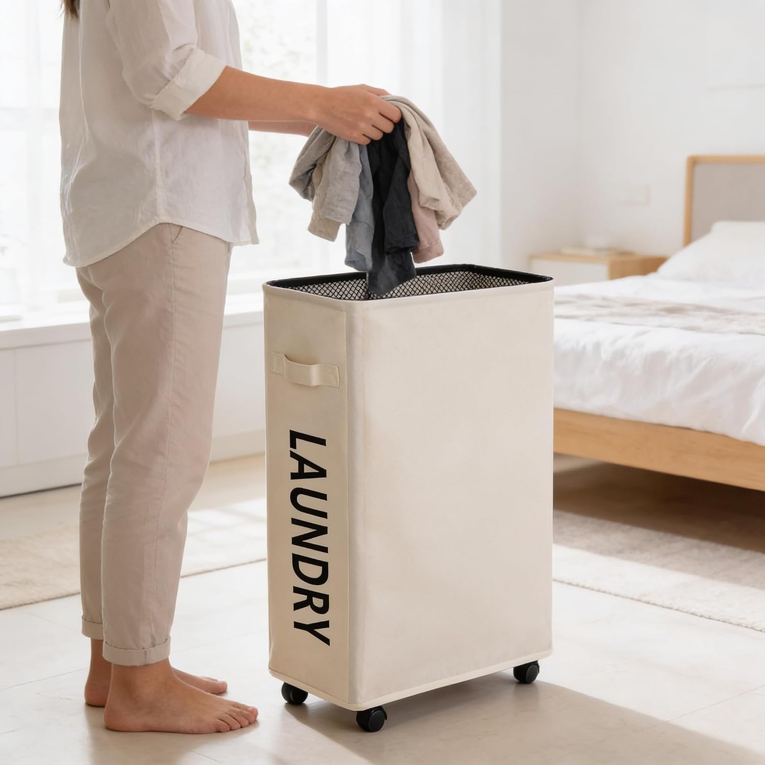 Slim Laundry Hamper with Wheels, 52L Skinny Hamper, 22" Beige image 5