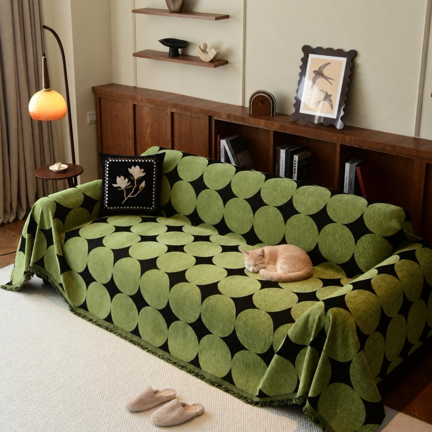 VIWATIN Vintage Chenille Sofa Throw, Retro Dot Green, 2-3 Seater, 180x300cm