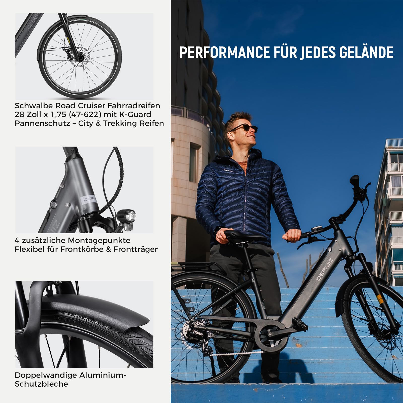 DERUIZ Vélo électrique à quartz 28" pour adultes, vélo de ville homme et femme avec batterie 48 V 13,4 Ah, portée maximale 161 km, freins hydrauliques, capteur de couple, vélo électrique avec