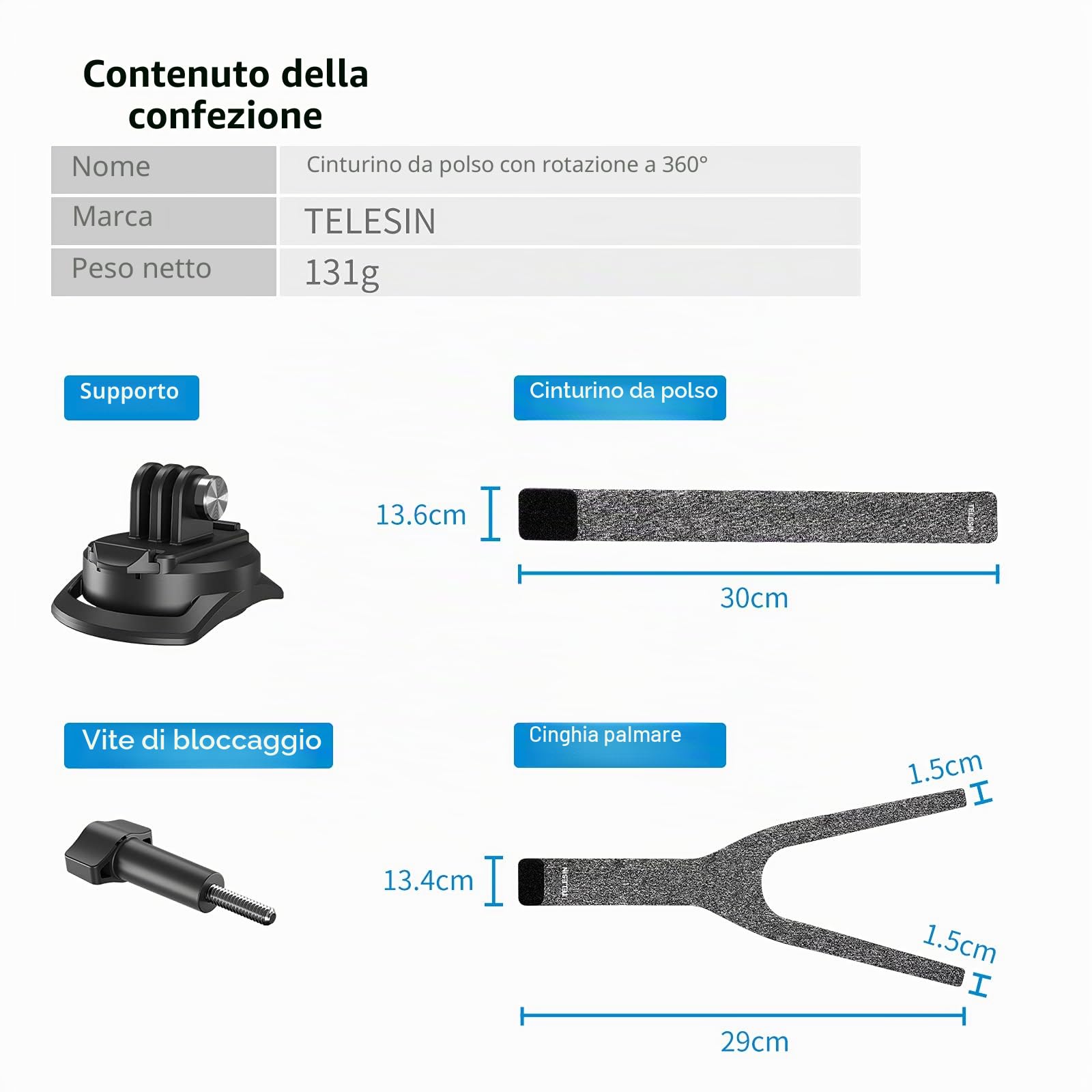 TELESIN Aggiornamento Supporto per cinturino da polso Rotante 360° Fascia per Mano compatibile con GoPro Hero 13, 12, 11,10, 9, 8, 7, 6, 5, DJI Action 6 5 Pro 4/3, Ace Pro 2 Ace Pro X5 X4, X3,ONE X2